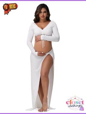 Maternity 2-Piece Dress Set V-Neck Backless Mermaid Baby Shower Photoshoot